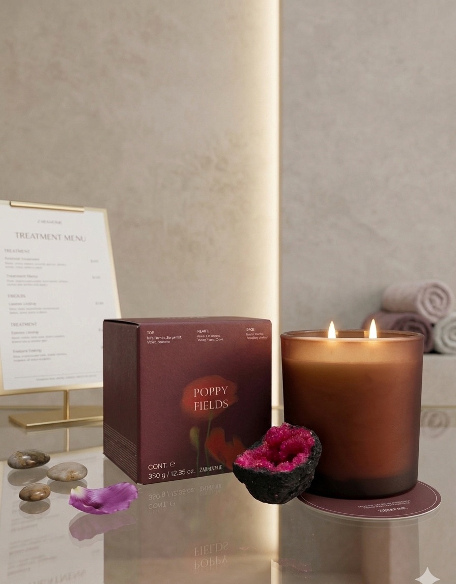 Ambiente elegante do studio com vela aromática e menu de tratamentos